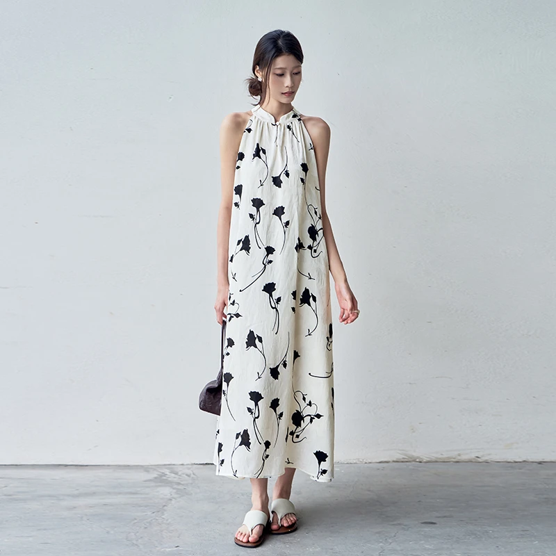 MOVE BY 国风连衣裙气质印花挂脖裙夏季长裙复古优雅风无袖C8292