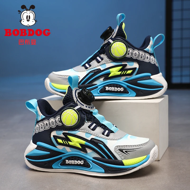 巴布豆童鞋男童旋转纽扣运动鞋春秋季中大童皮面防水儿童篮球鞋潮