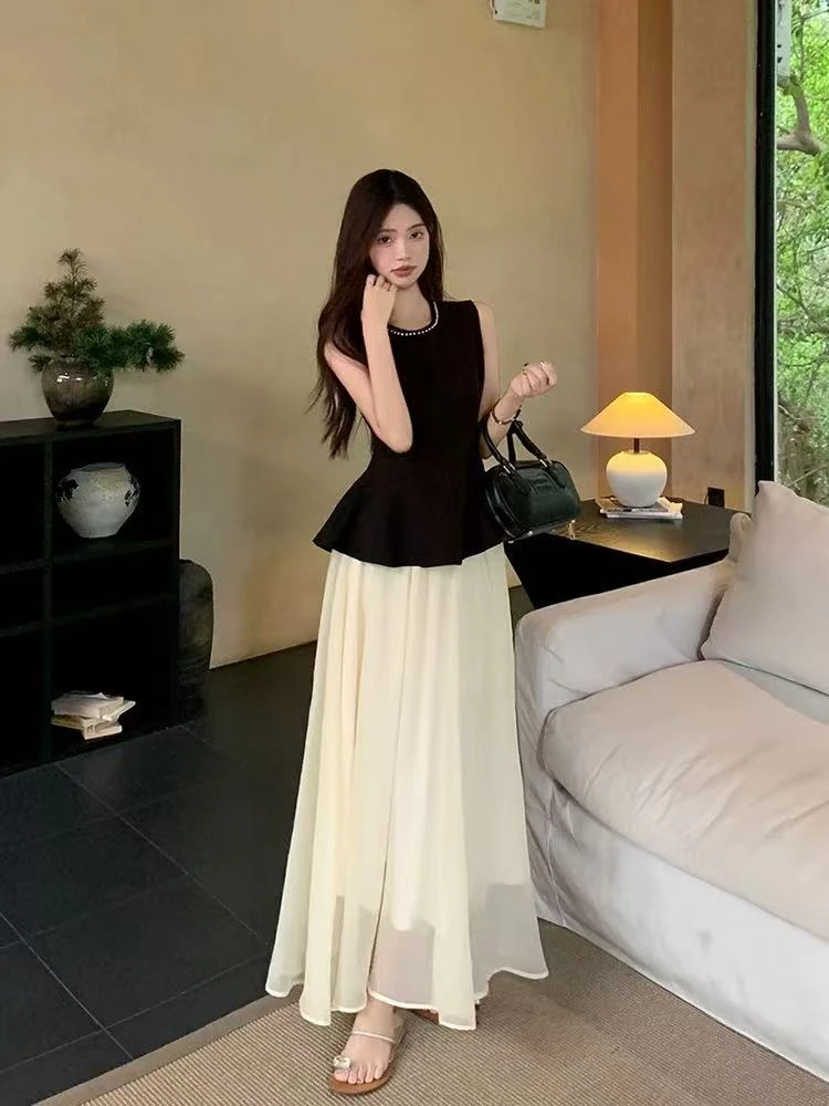 钉珠无袖收腰荷叶边衣摆背心上衣女装2025夏季新款法式纱裙