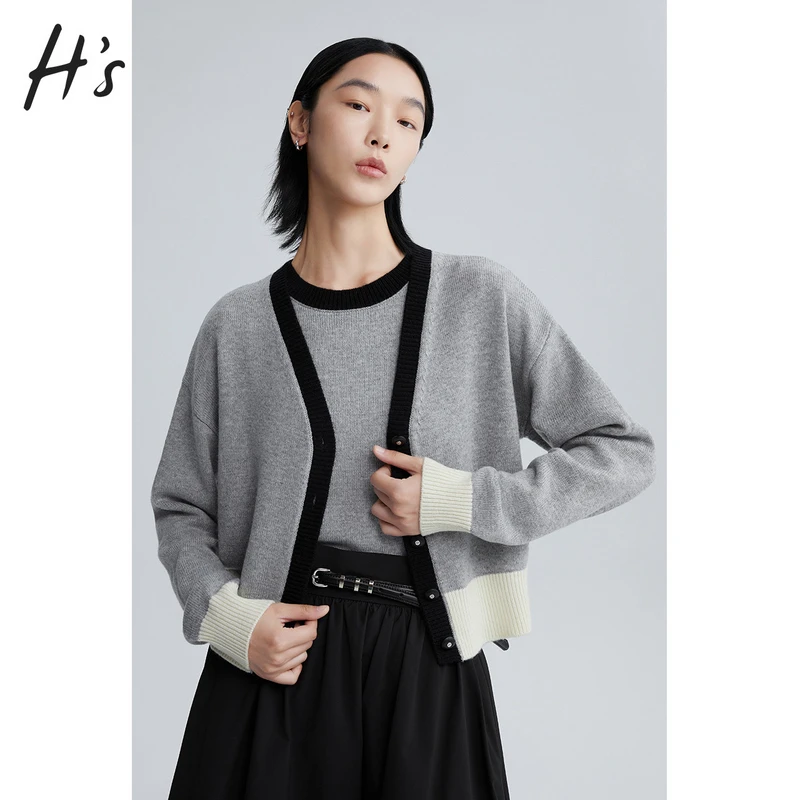 【赵老板专属2831】H'S针织衫女浅灰色撞色边气质大气毛衣