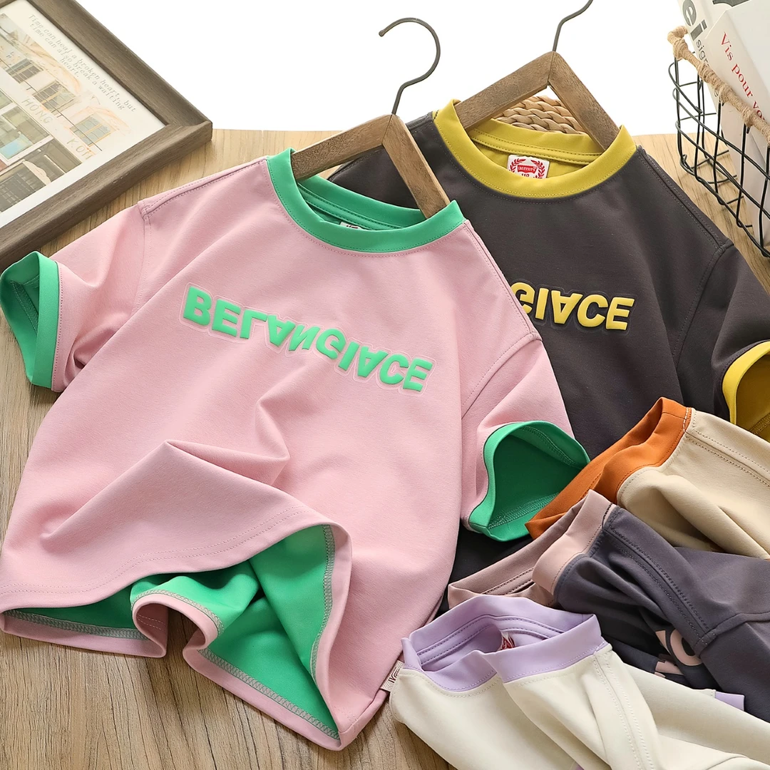 夏季儿童印花发泡印字母中大童撞色休闲短袖T恤 957