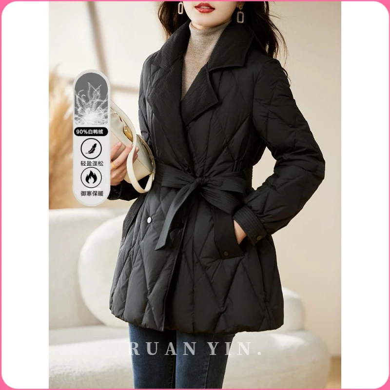 RUAN YIN黑色小个子西装领羽绒服冬季女中长款收腰系带显瘦2025年