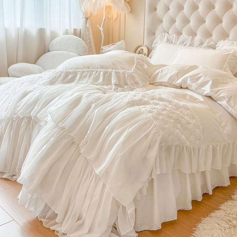 轻奢法式网红四件套纯棉公主风床裙款白色蕾丝花边全棉高级感裸睡
