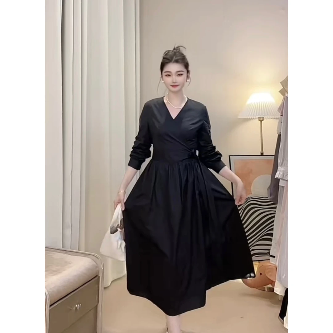 50069气质裙子春季法式复古女装长裙长袖早春赫本风女式连衣裙