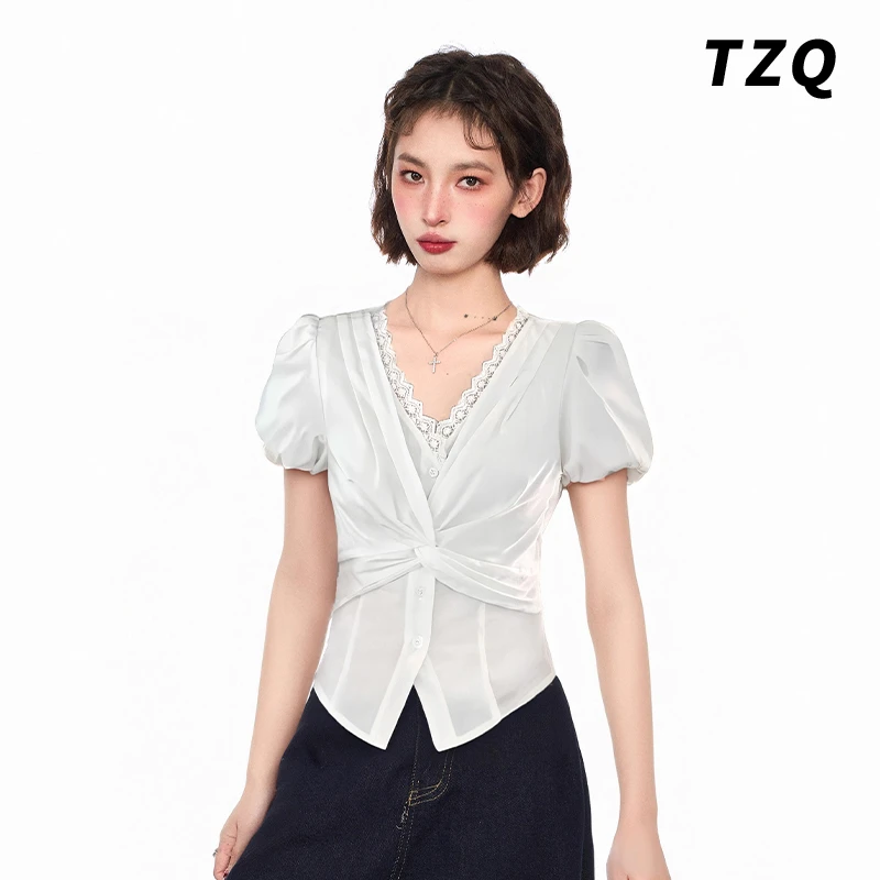 白色v领蕾丝泡泡袖正肩短袖衬衫女夏修身收腰小衫衬衣TZQ2561213