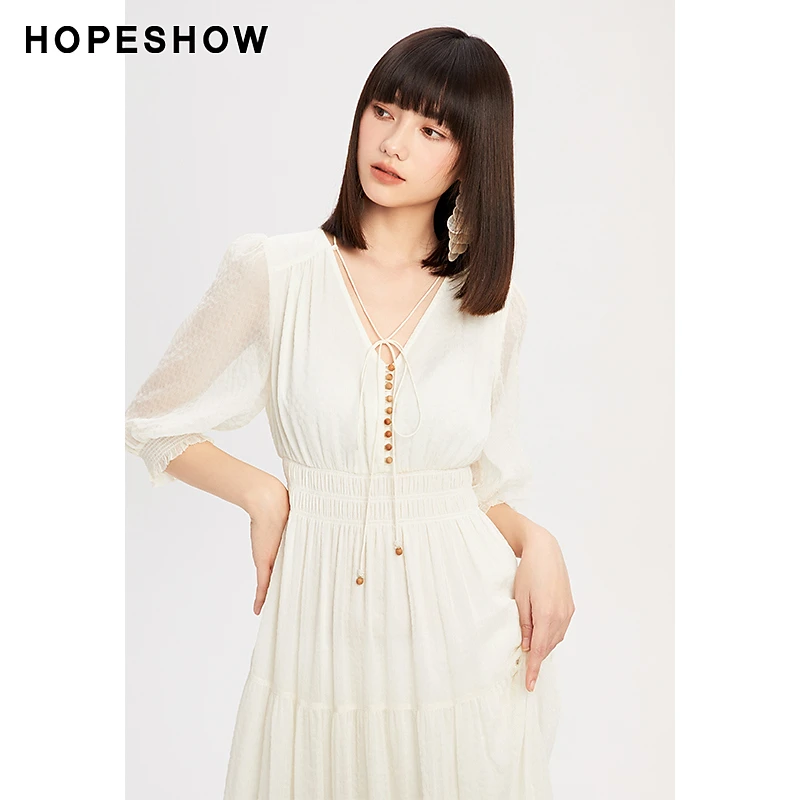 红袖夏季2023新款女装 印花压皱收腰V领套头连衣裙89123171612