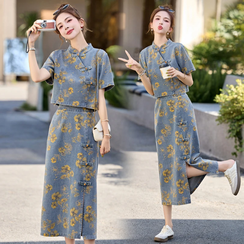 新中式复古盘扣牛仔套装裙女2025夏季爆款国风印花半身裙两件套潮