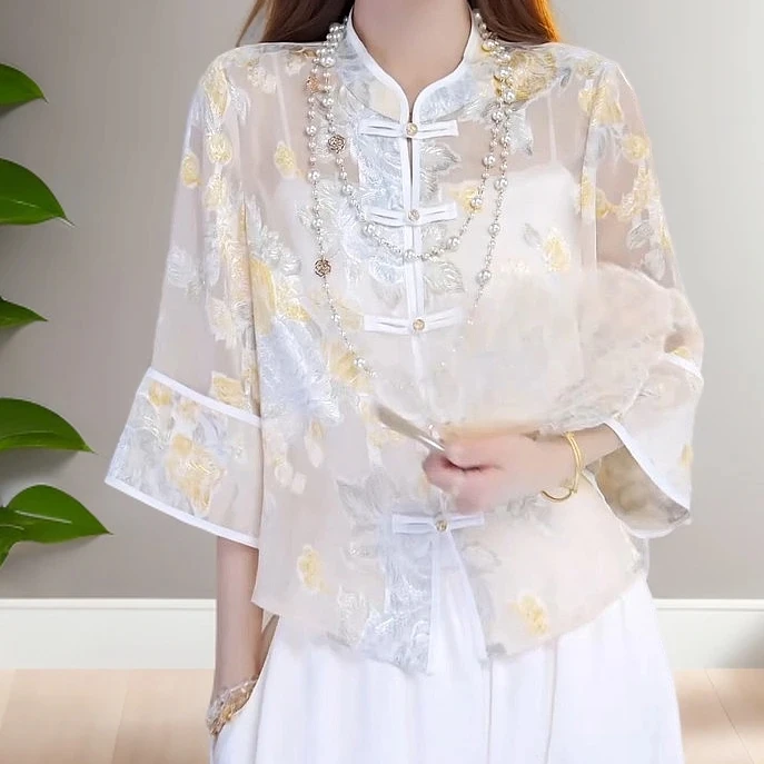 夏装新中式外套薄款盘扣上衣开衫唐装衬衫国风防晒衣薄纱外穿上衣