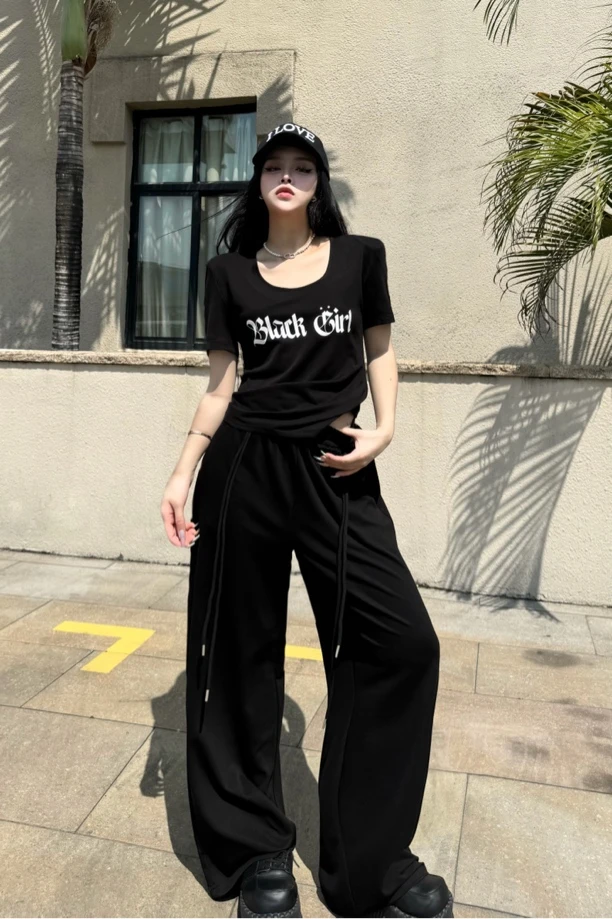 Blackgirl新款【黑色房间】夏季凉爽哥特字印花短袖T恤卫裤休闲套装