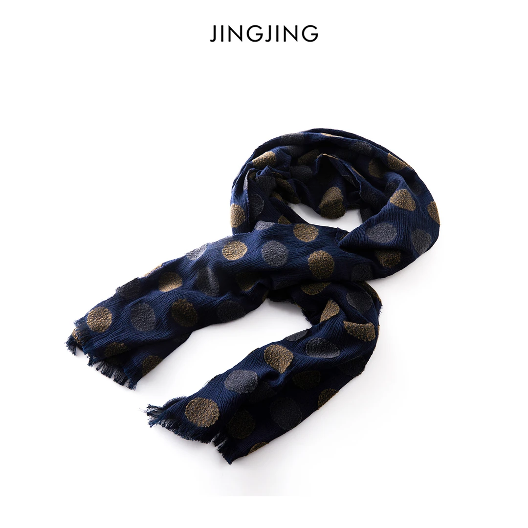 JINGJING2025新款“蓝调波点”秋冬氛围感肌理感毛边保暖围脖围巾