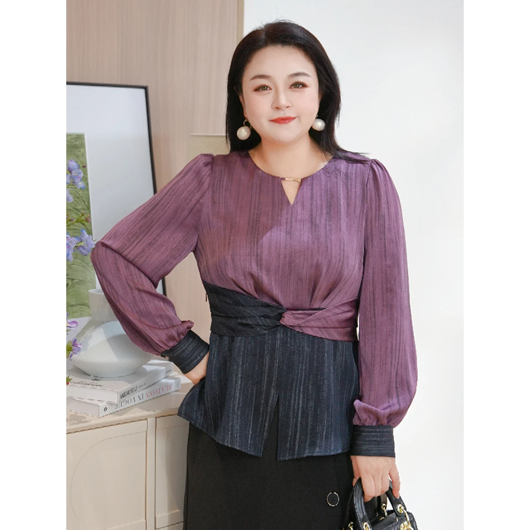 MsShe大码女装春装收腰撞色拼接缎面印花衬衫上衣J~B2503050