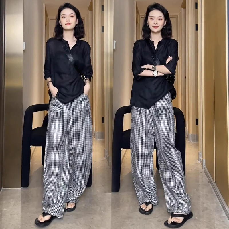 时尚休闲慵懒套装女2025夏季新款洋气雪纺衬衫格纹阔腿裤两件套