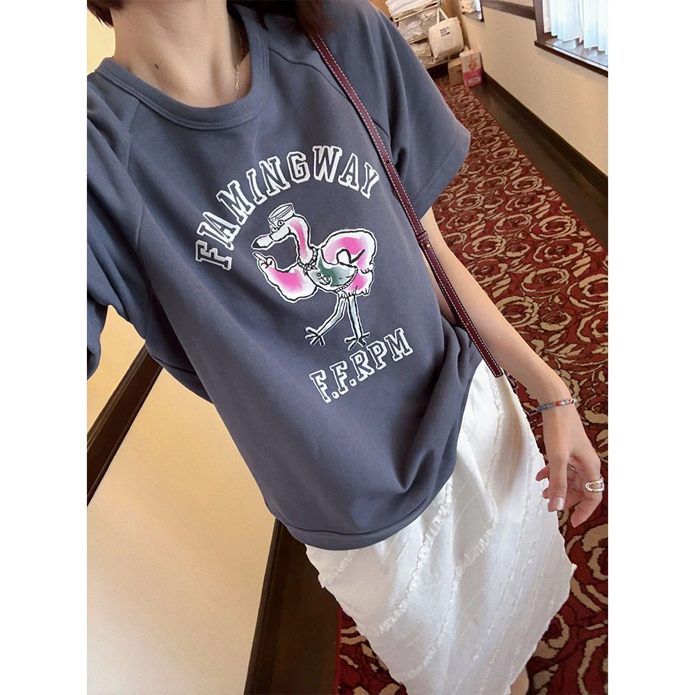 【MGDM】日系潮牌酵洗棉火烈鸟印花字母体恤上衣圆领插肩短袖t恤