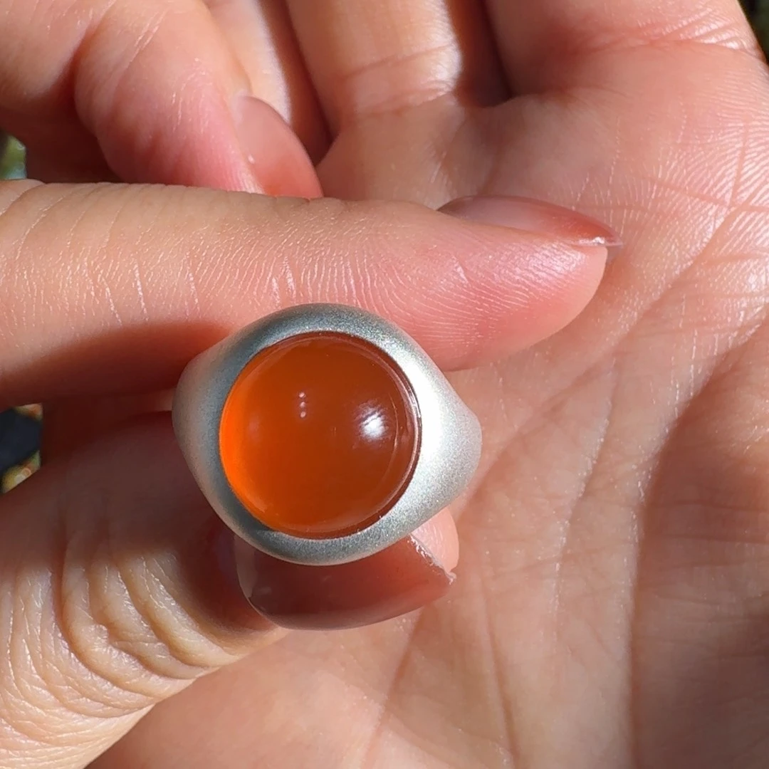 南红玛瑙冰红戒指银S925镶嵌洛*