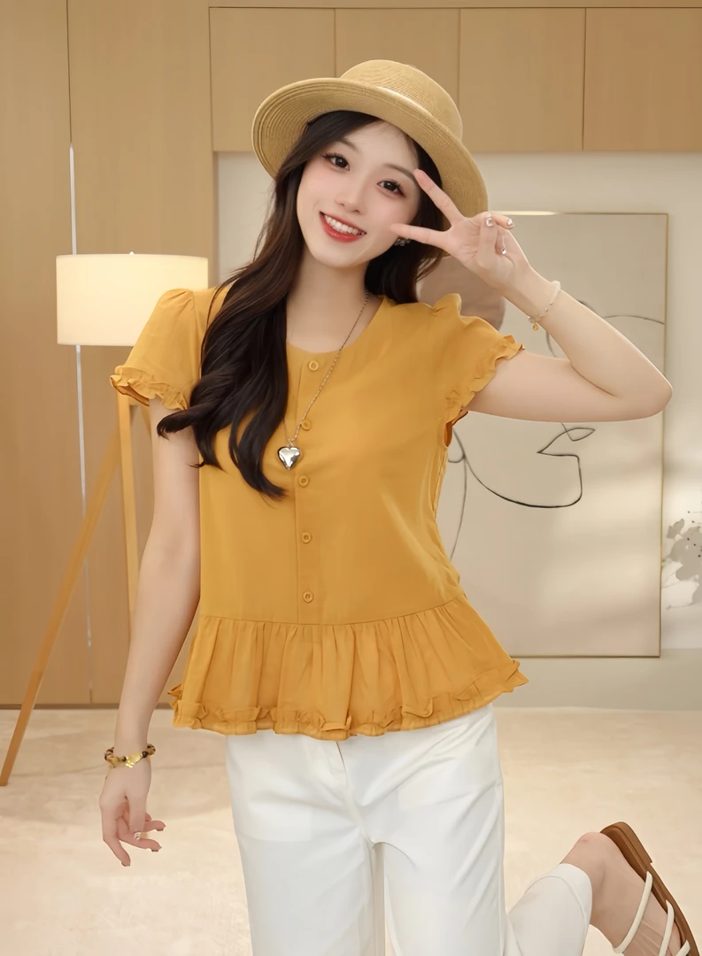 【七佰万】-半夏山风-夏季气质显瘦木耳边飞飞袖衬衣Y67530