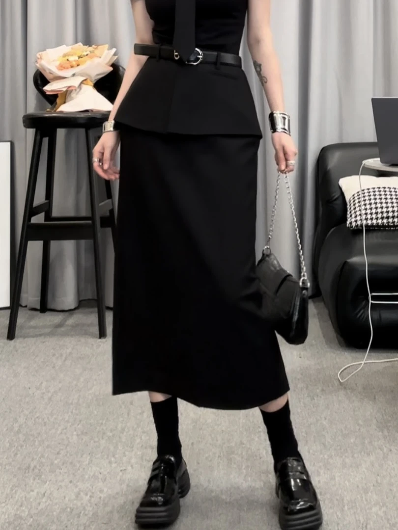 D0325黑色半身裙女夏季时髦百搭高腰显瘦假两件直筒裙（送腰带）