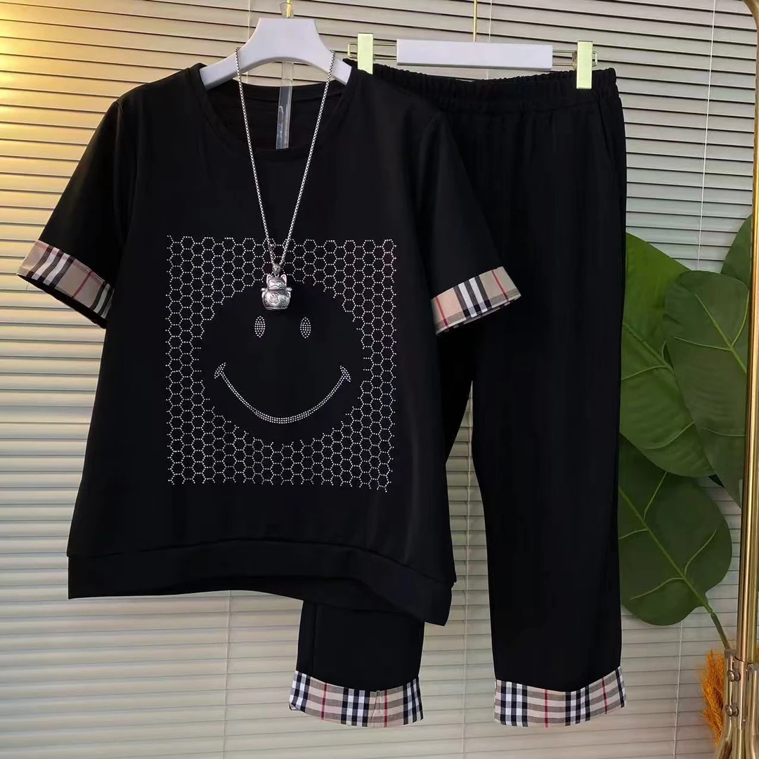 256-2025年夏季新款时尚时尚洋气显瘦烫钻上衣裤子两件套