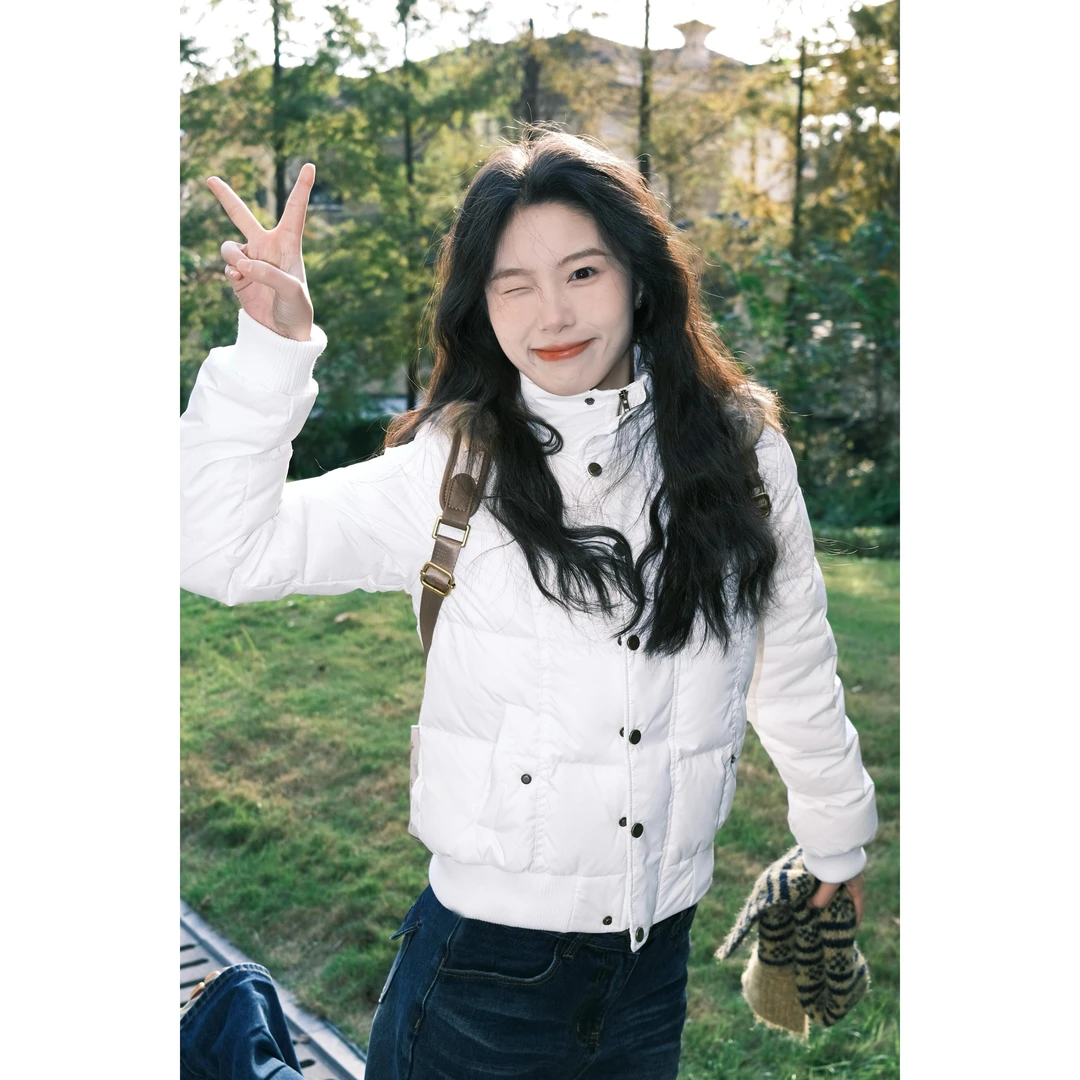 美式复古白色短款立领棉服女冬季新款保暖时尚休闲百搭棉衣外套