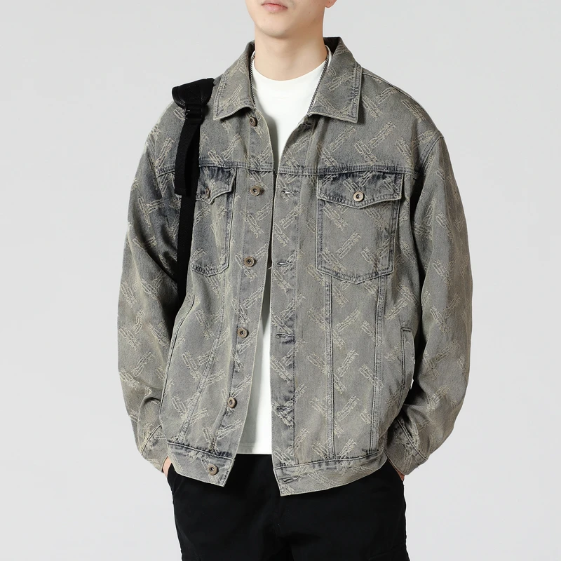 2025春季新款潮流提花工装夹克男复古水洗提花翻领痞帅牛仔外套