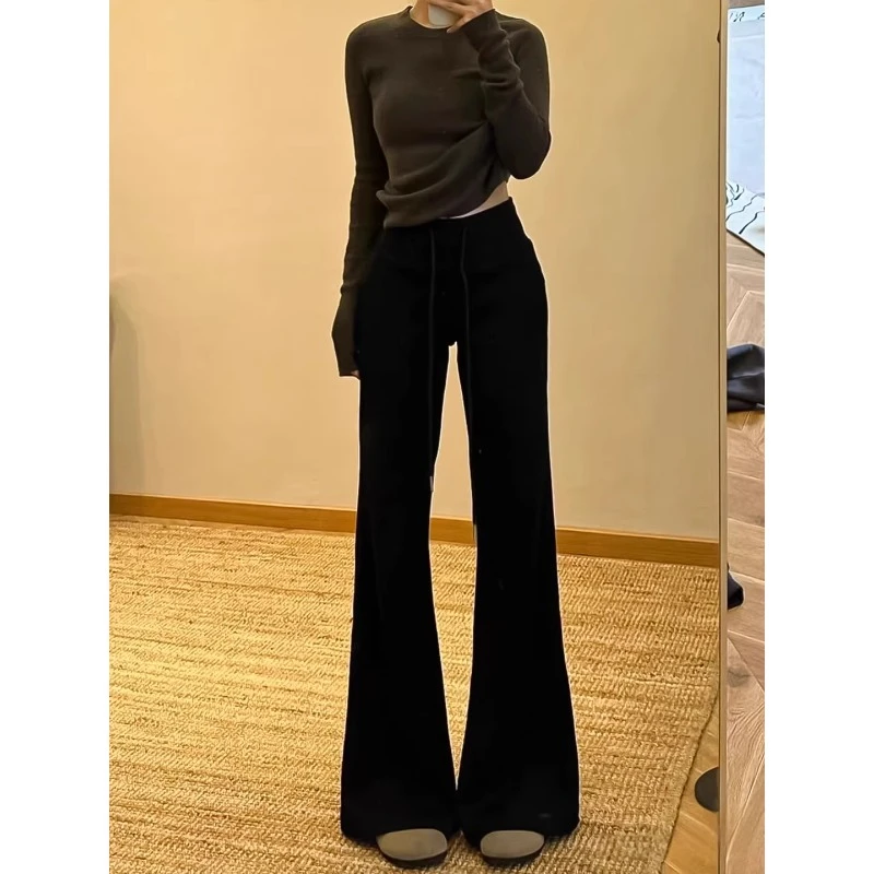 黑色美式微喇运动裤女秋冬2025新款高腰显瘦宽松休闲加绒喇叭卫裤