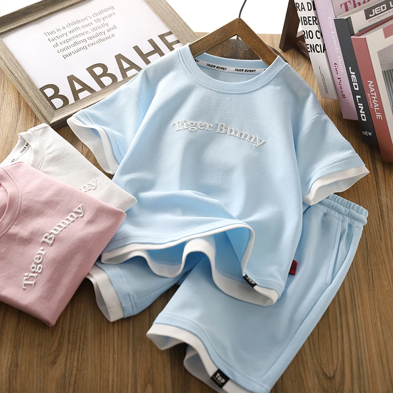 男童短袖套装2025夏季新款儿童薄款字母T恤五分短裤中大童两件套