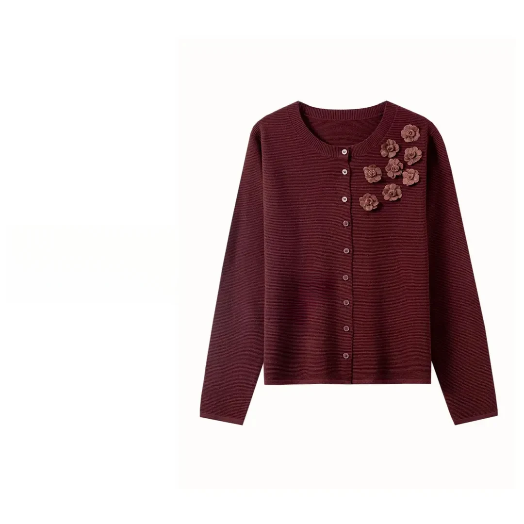 含羊毛设计国风针织开衫 圆领长袖女上衣