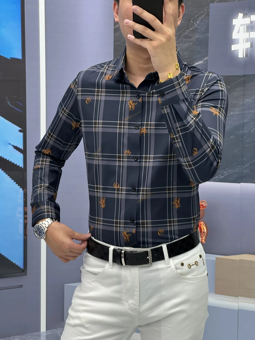 2025年秋季男士休闲潮流修身格子印花百搭长袖衬衫韩版时尚衬衣