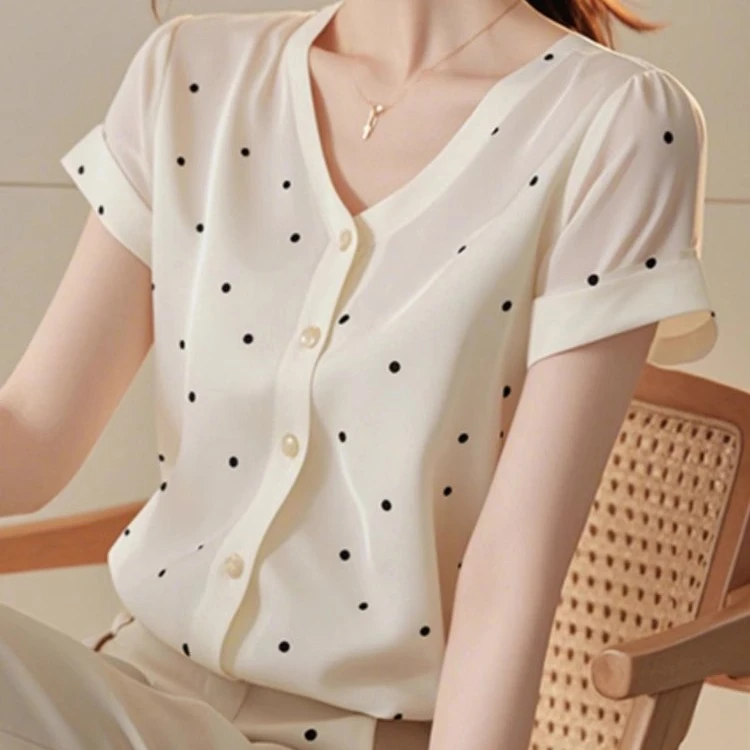 SS966洋气绝美白色波点V领短袖衬衫女夏季款别致好看正肩上衣