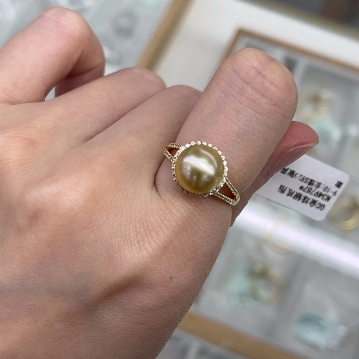 银S925镶嵌海水珍珠戒圈金珠 9-10mm 13号