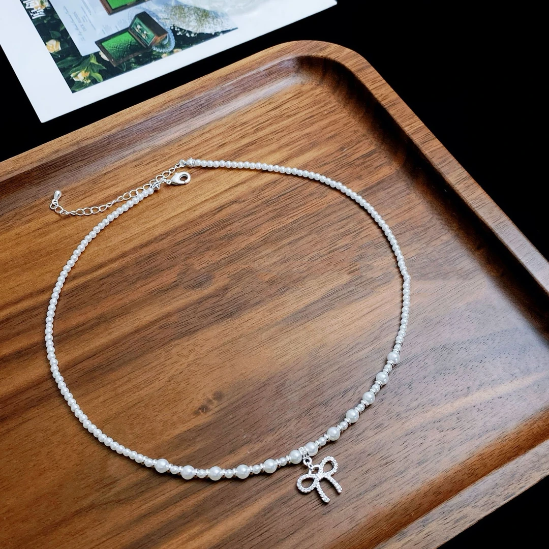 合金项链 AIER-气质小清新镶钻蝴蝶结吊坠珠珠甜美小众百搭锁骨链