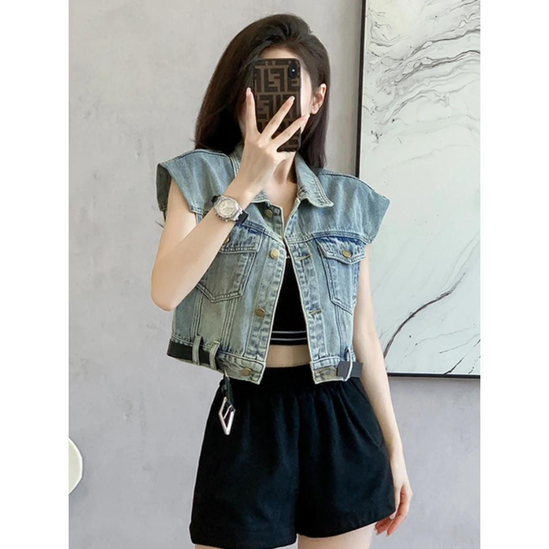设计感牛仔马甲背心2025夏季减龄小飞袖宽松复古坎肩短款外套上衣