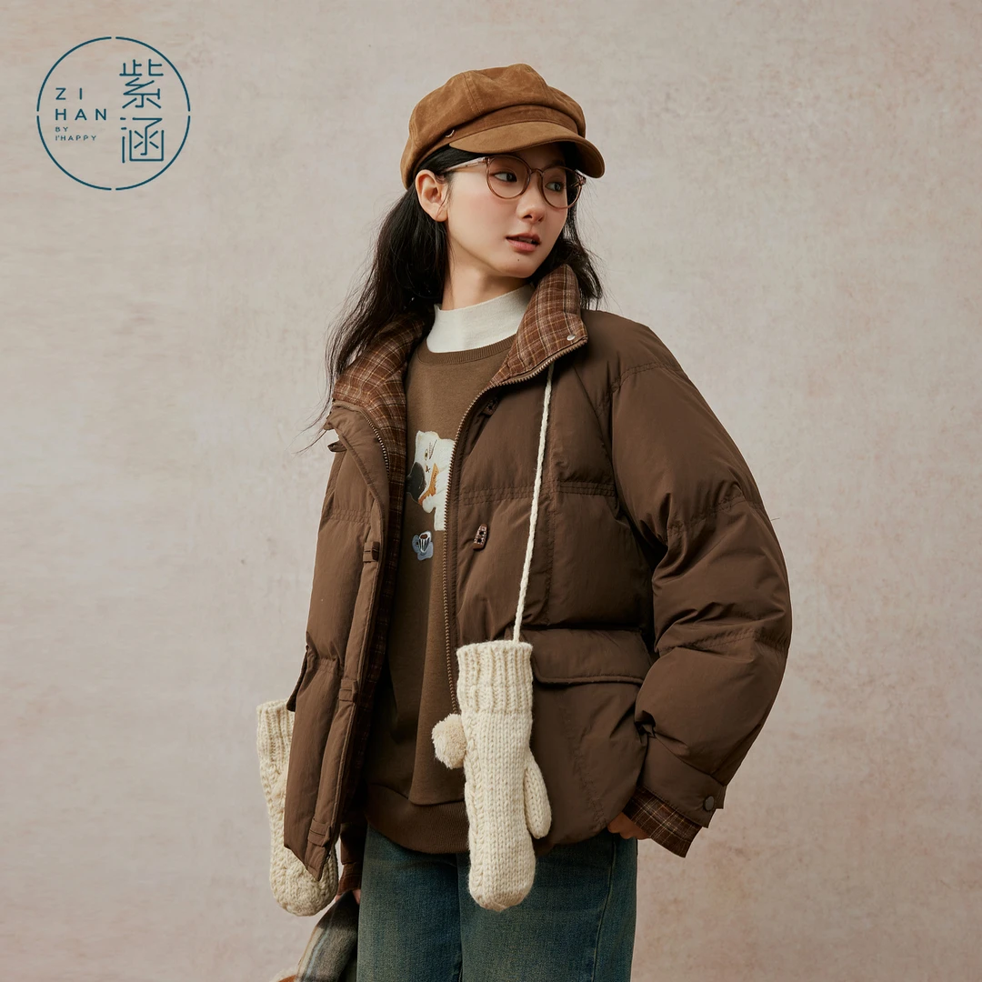 紫涵短款立领羽绒服女2025冬季新款内里撞色格纹盘扣宽松鸭绒外套