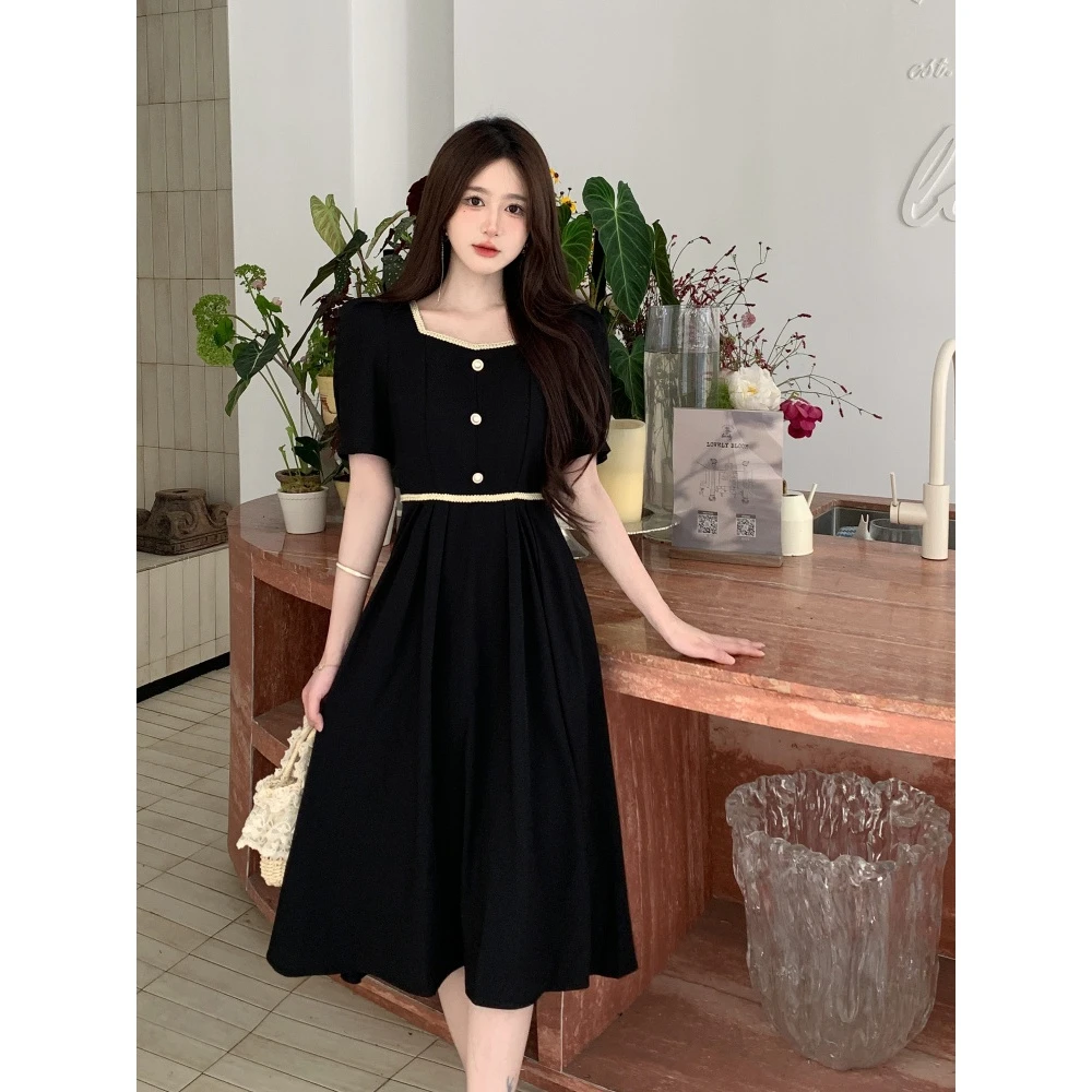 2025夏季新款大码胖MM修身韩版高级感小香风方领设计黑色聚酯