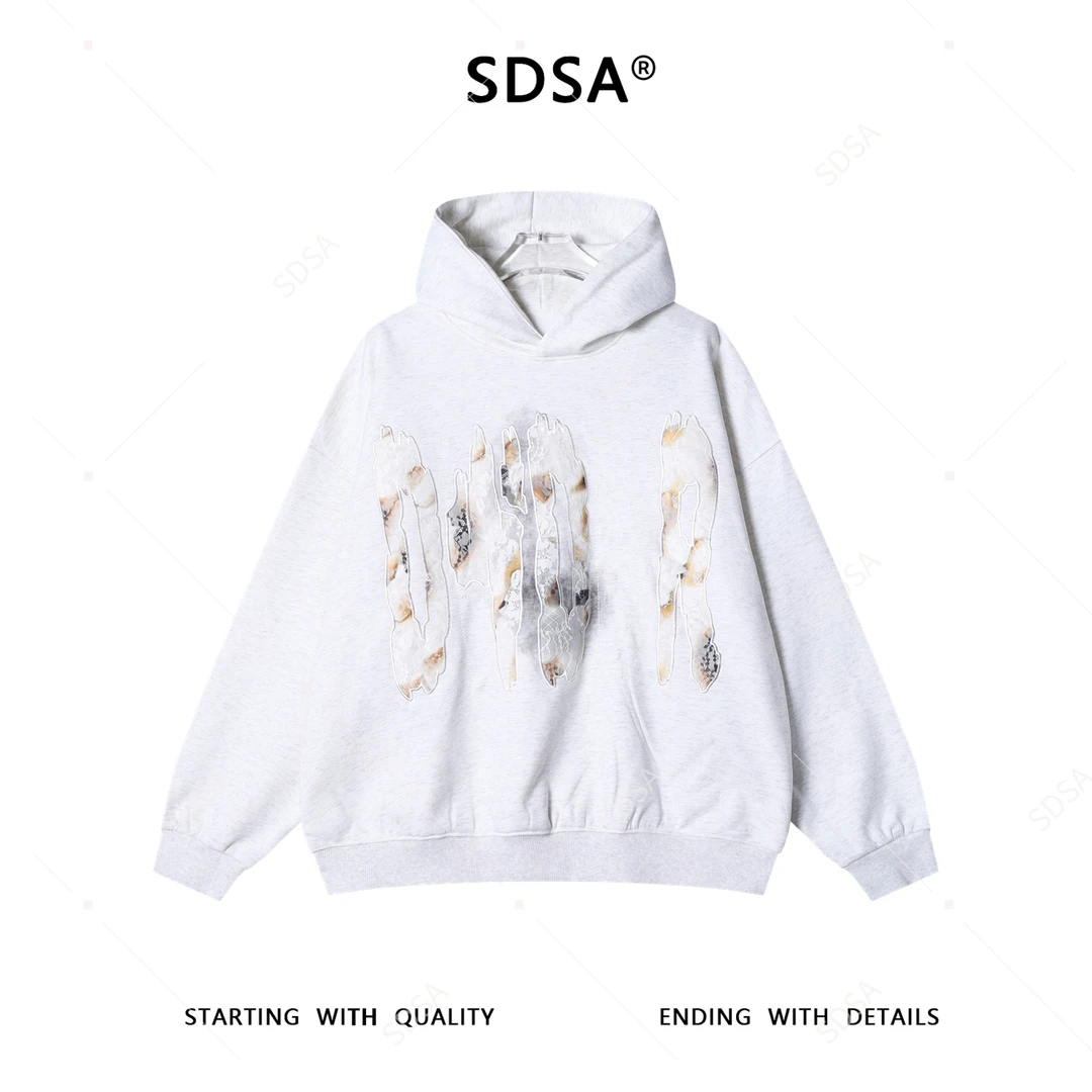 SDSA男士秋冬新款痞帅男装重工蕾丝刺绣字母连帽卫衣潮牌百搭上衣