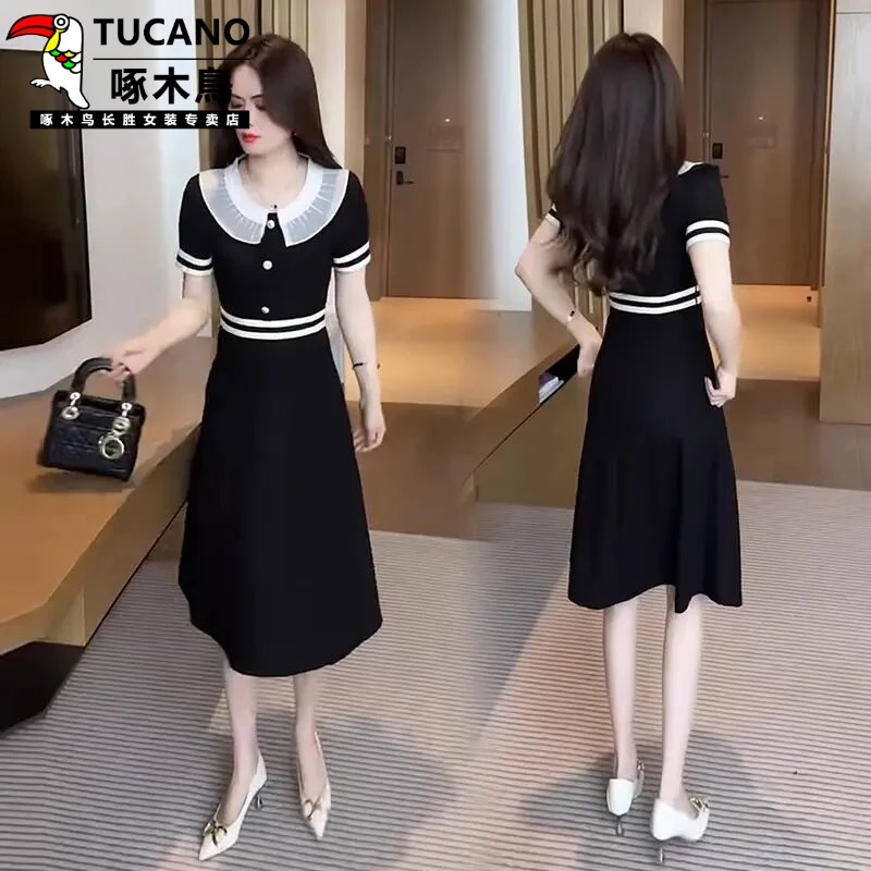 啄木鸟黑色连衣裙女夏季2025新款法式时尚洋气收腰显瘦中长款短袖