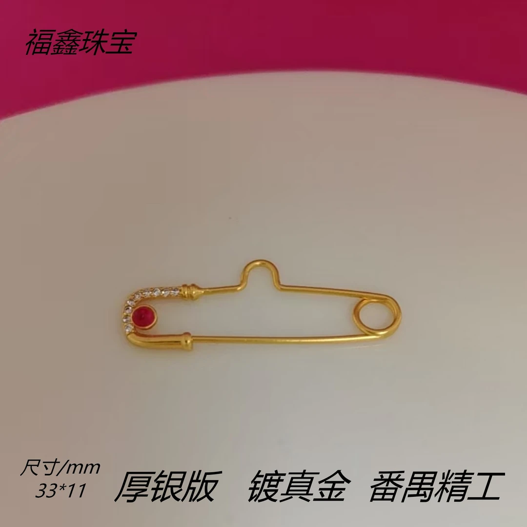 925银银制品 精工古法银镀金镶钻红宝胸针DIY配件