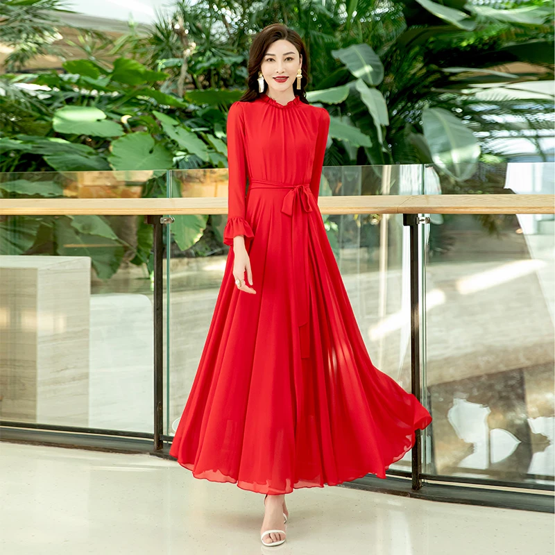 长袖连衣裙女夏2025新款系带雪纺长款大摆连衣裙显瘦沙滩度假长裙