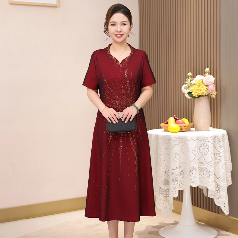 高贵阔太太婚宴装夏季连衣裙喜妈妈短袖礼服连身裙结婚喜庆裙子