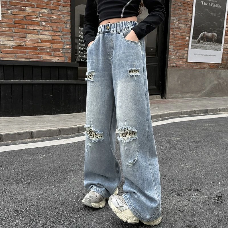 女童牛仔裤夏季薄款2025新款儿童直筒裤子大童豹纹破洞女孩阔腿裤