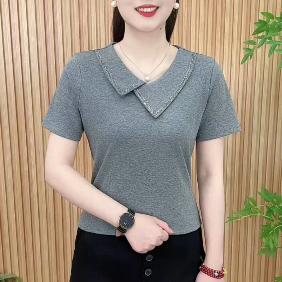 2025新款不规则领纯色领口烫钻气质精品洋气时尚减龄显瘦短袖小衫