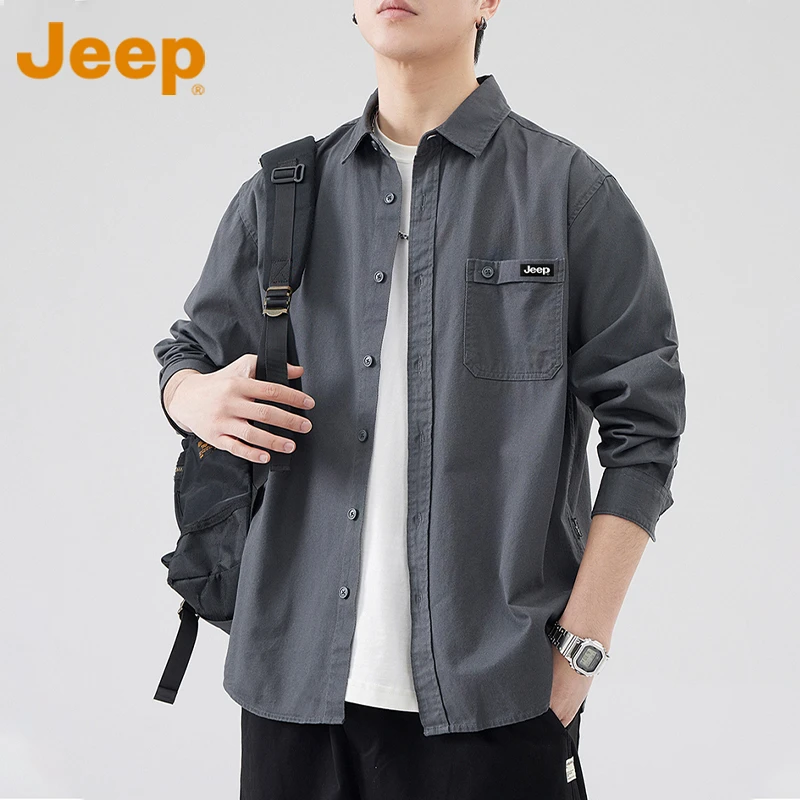 JEEP吉普长袖衬衫男士新款复古宽松衬衣秋季休闲工装外套男款男装