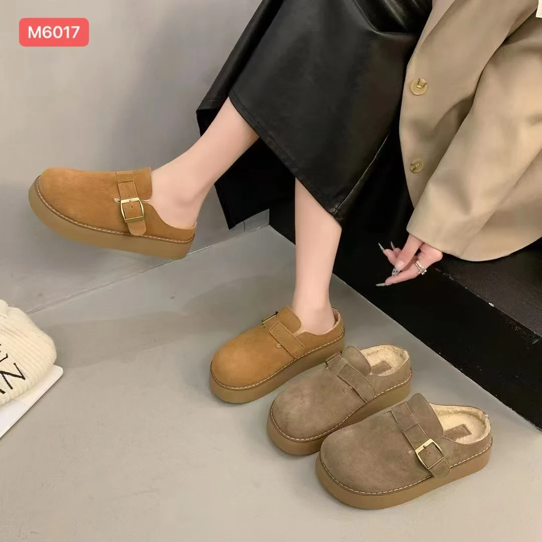 6017-D磨砂圆头厚底勃肯拖鞋女冬半托鞋
