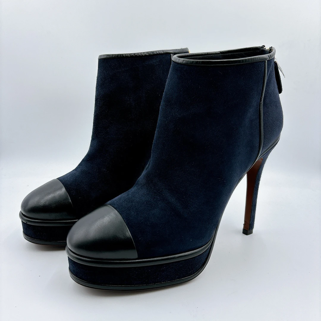 95新 Chanel/香奈儿 39码/深蓝色麂皮高跟鞋/BM00593