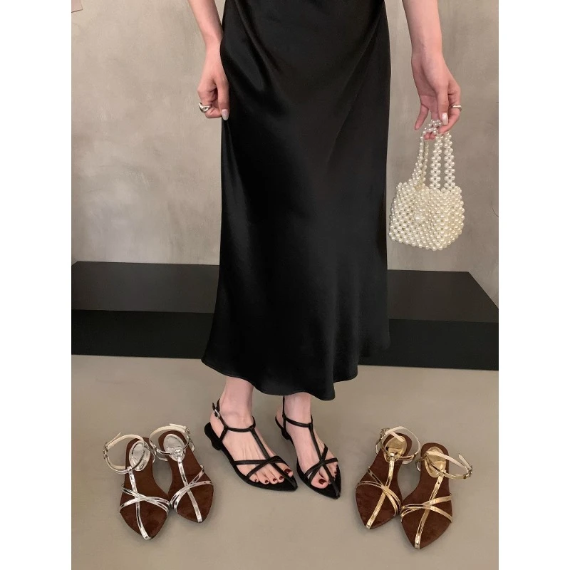 法式复古凉鞋夏季新款显瘦设计感尖头罗马鞋优雅高跟女