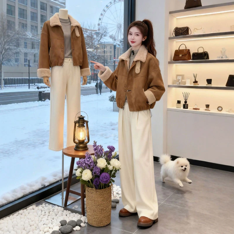 美拉德穿搭独小个子超好看短款加绒加厚麂皮绒皮毛一体外套女26冬