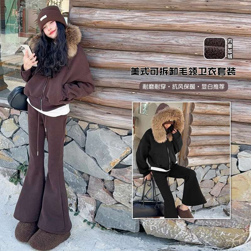 女童冬季加绒加厚高腰休闲风时尚套装保暖毛领休闲裤显瘦森系