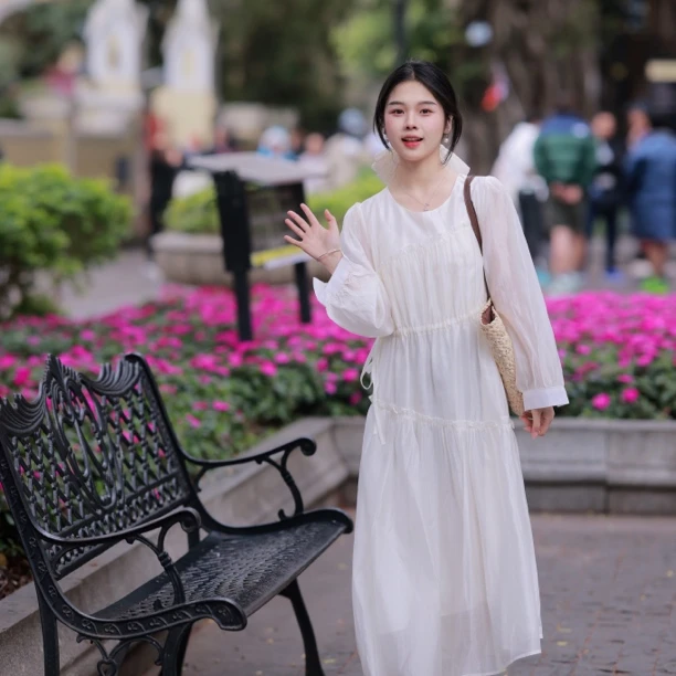 小文【白月光】早春新款中长款连衣裙温柔风气质减龄遮肉氛围感百搭