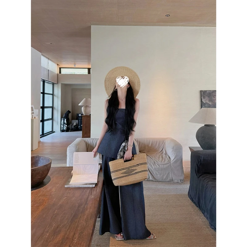 【蓝调唱片】抹胸上衣女夏2025新款宽松阔腿裤牛仔套装 80772