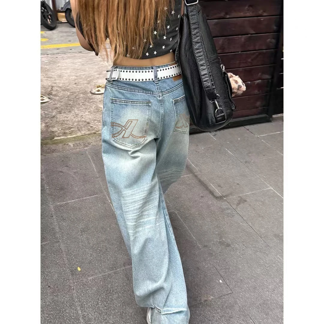 浅色水洗磨白猫须阔腿牛仔裤女夏季新款低腰宽松显瘦直筒拖地裤子