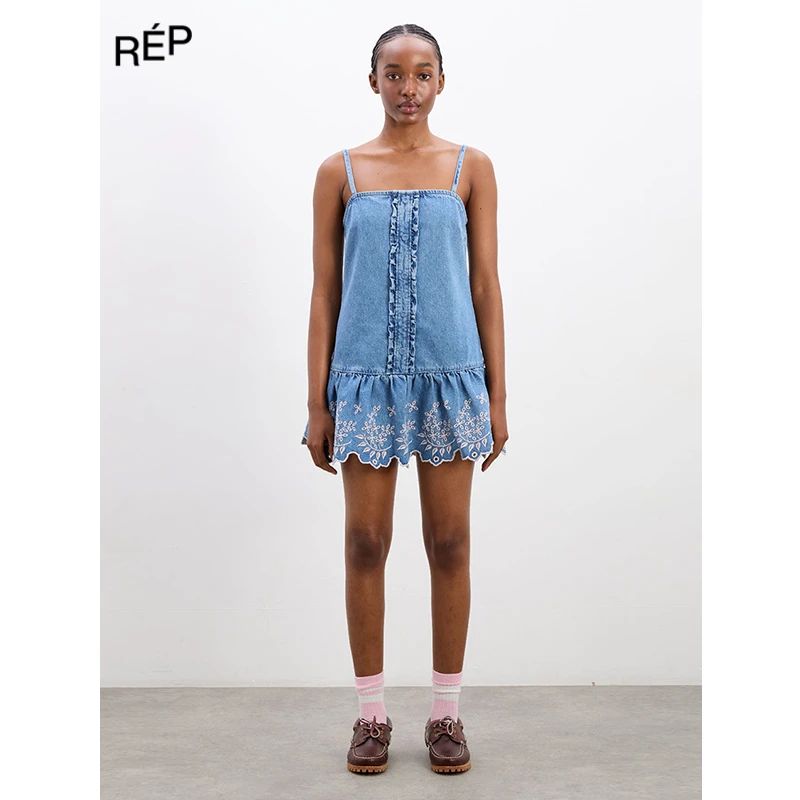 REP-DAMSON MADDER设计师品牌蓝色牛仔花边吊带连衣裙 25SS新款